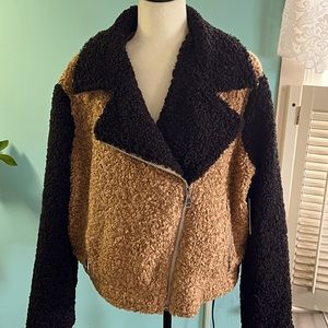 NINE WEST NWTBlack/Tan Curly Wool Asymmetrical Zip Jacket Size XXL